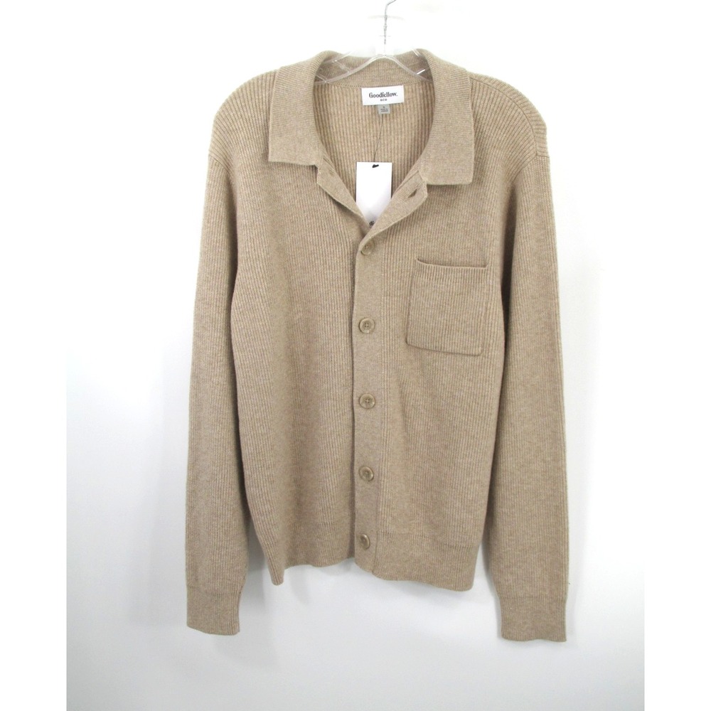 NWT GOODFELLOW Cardigan Knit Sweater Men Small Tan Button-Up Pocket Preppy Dad